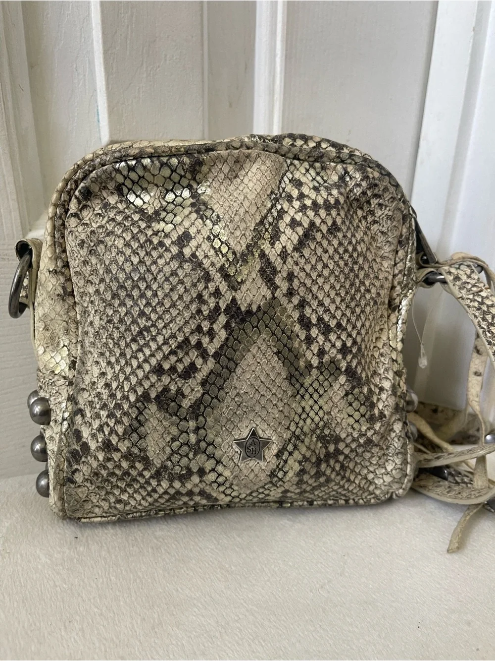 Ash Moxy Python Snakeskin print Leather Studded Crossbody Bag
